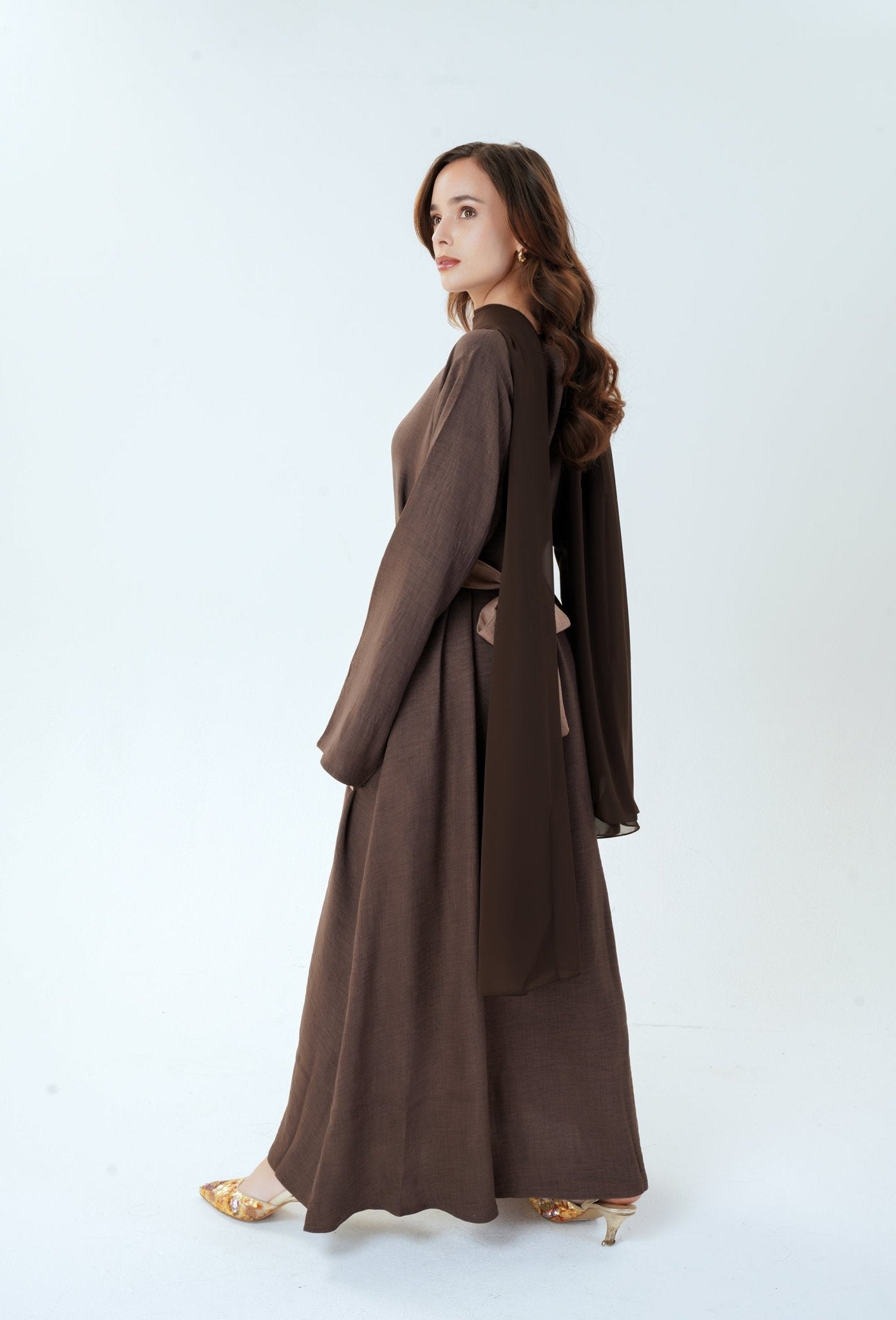 Women wearing brown and beige color blocked dress with belt and pockets - Modest fashion UK by MODMOD