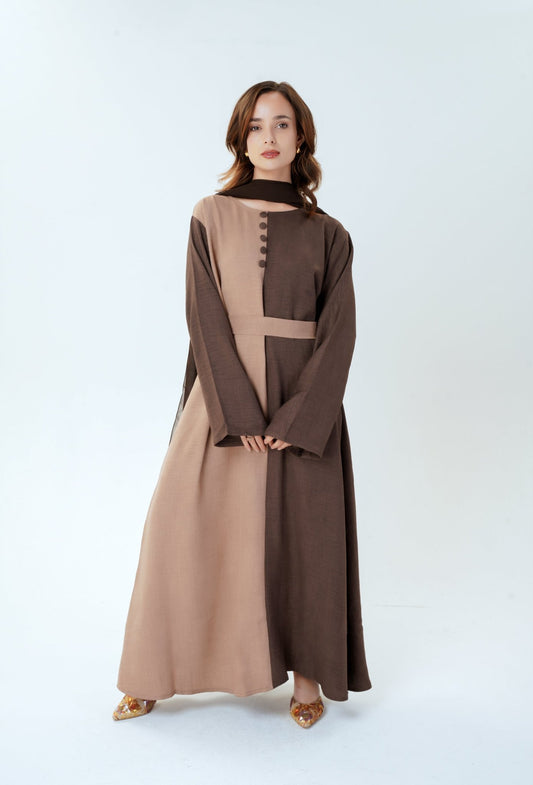Women wearing two color blocked dress with belt and pockets - Modest fashion UK by MODMOD