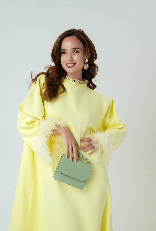 Citrus breeze Kaftan- a beautiful statement butter yellow kaftan with feathers- Modest fashion by MODMOD