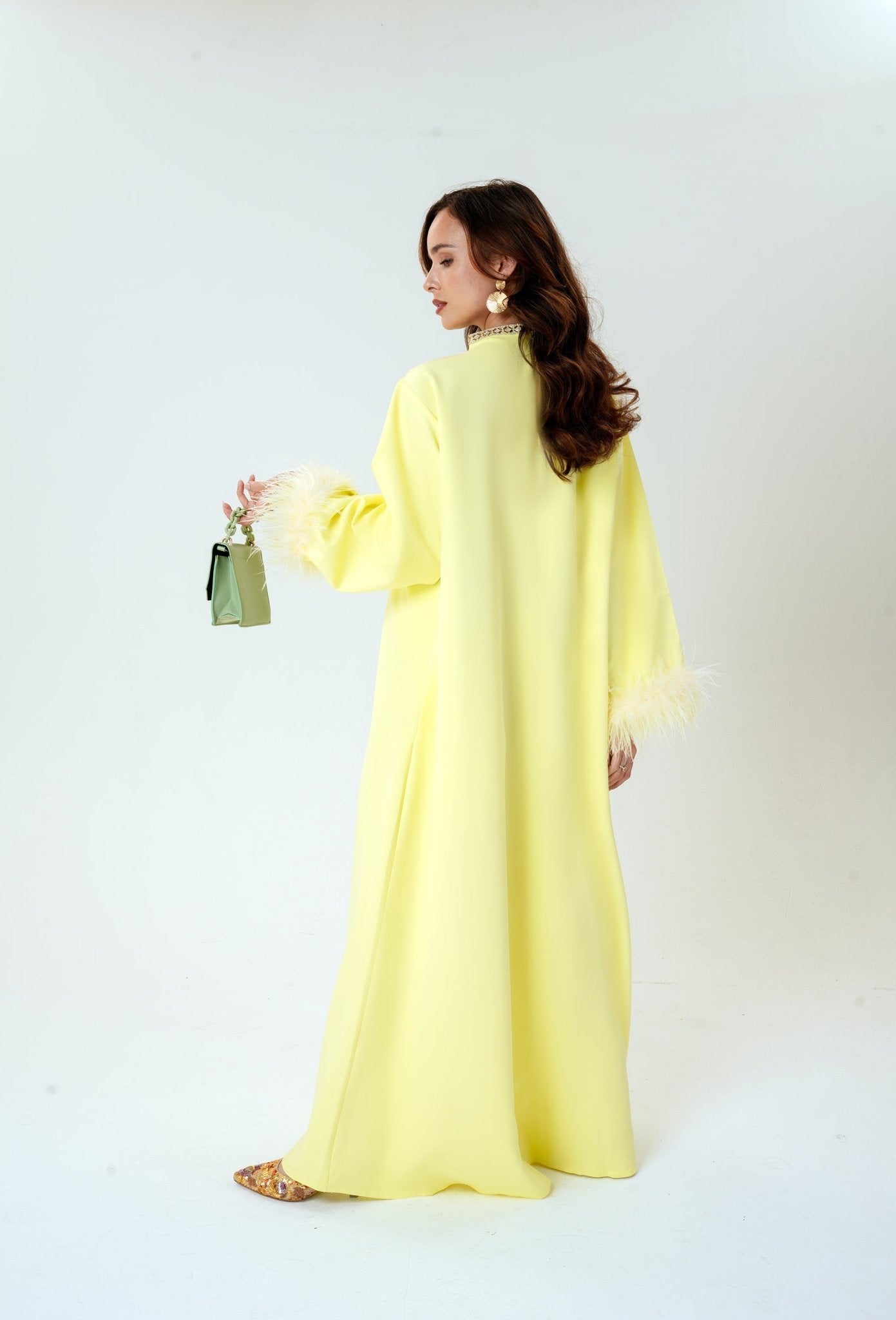 Citrus breeze Kaftan- a beautiful statement butter yellow kaftan with feathers- Modest fashion by MODMOD