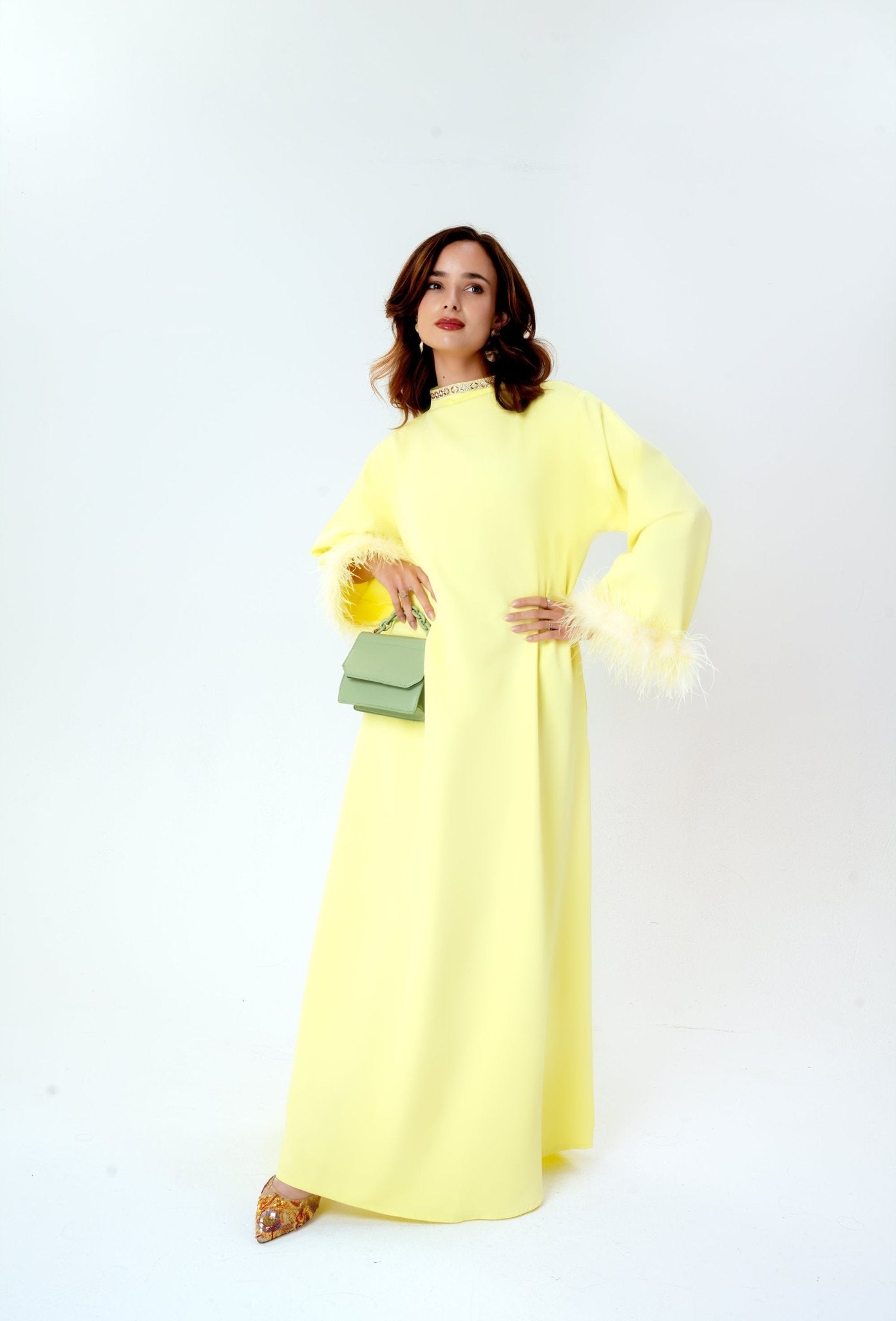 Citrus breeze Kaftan- a beautiful statement butter yellow kaftan with feathers- Modest fashion by MODMOD