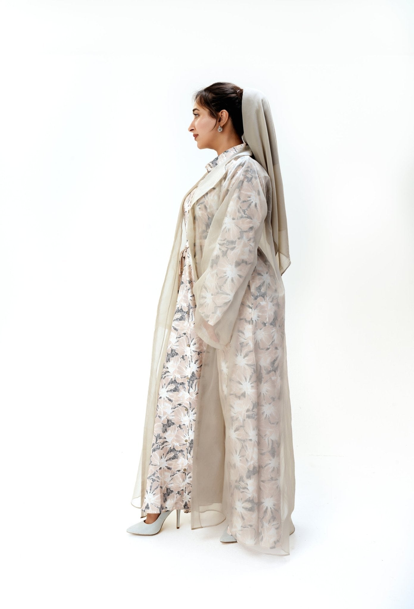 Dusk bloom dress- In a beautiful grey and beige color - three piece modest dress with organza jacket- Modest wear by MODMOD UK