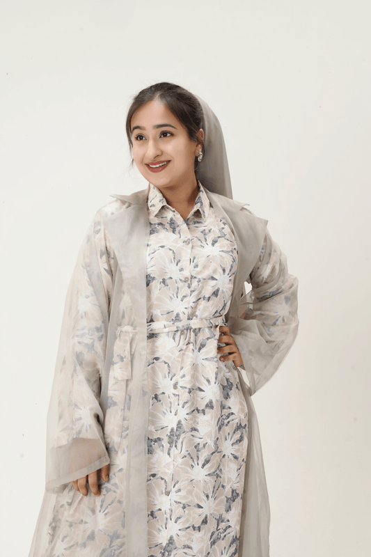 Dusk bloom dress- In a beautiful grey and beige color - three piece modest dress with organza jacket- Modest wear by MODMOD UK