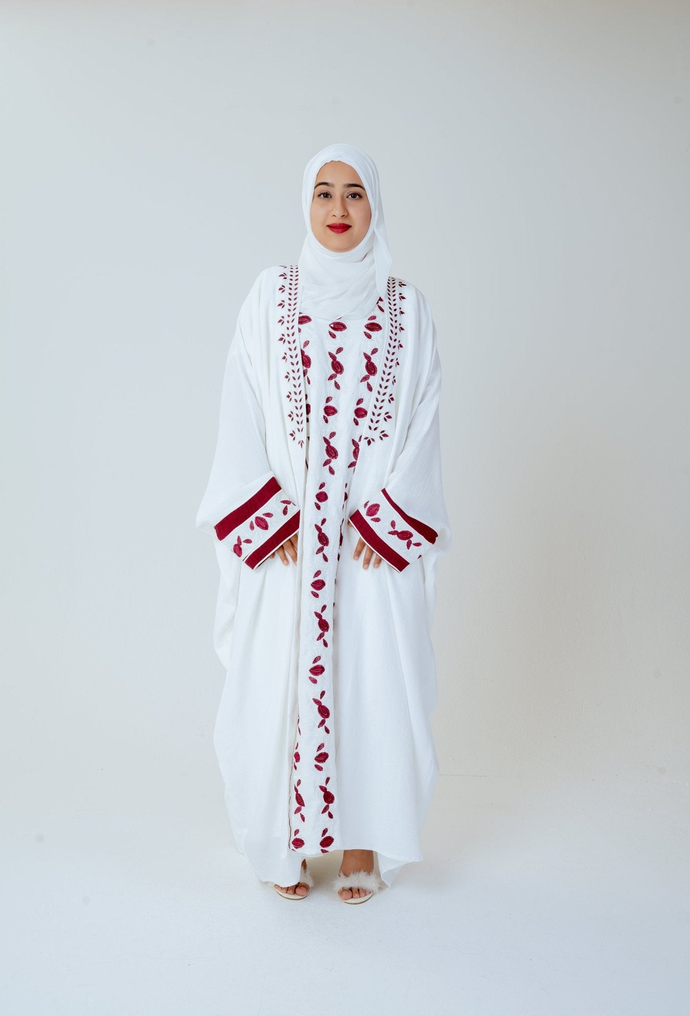 Women wearing embroidered abaya in white color - beautiful three piece white abaya– Modest Fashion by MODMOD