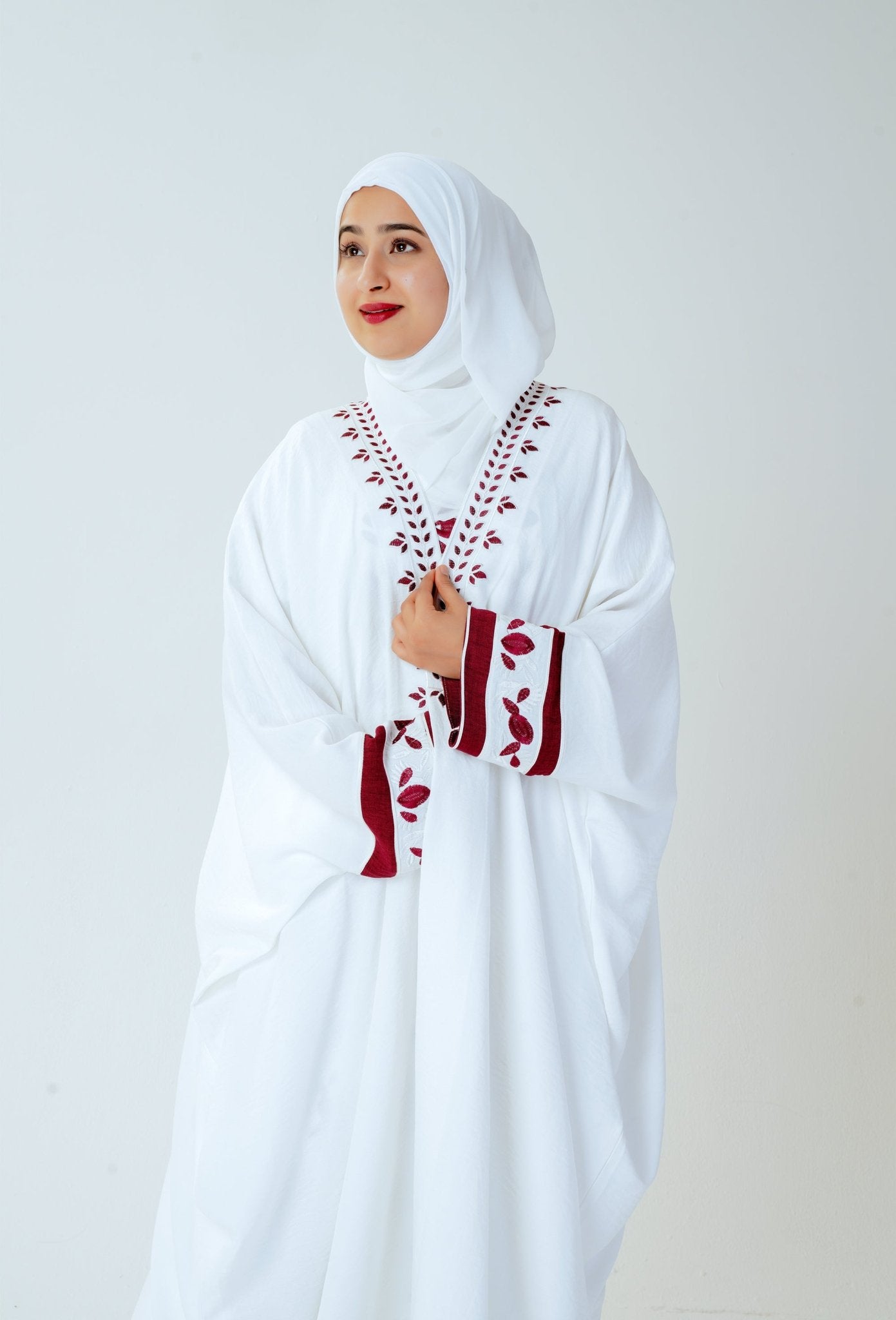 Women wearing white abaya with maroon embroidery – elegant three piece white abaya– Modest Fashion by MODMOD