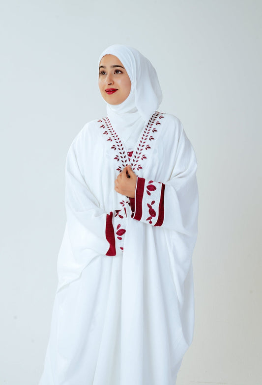 Women wearing white abaya with maroon embroidery – elegant three piece white abaya– Modest Fashion by MODMOD