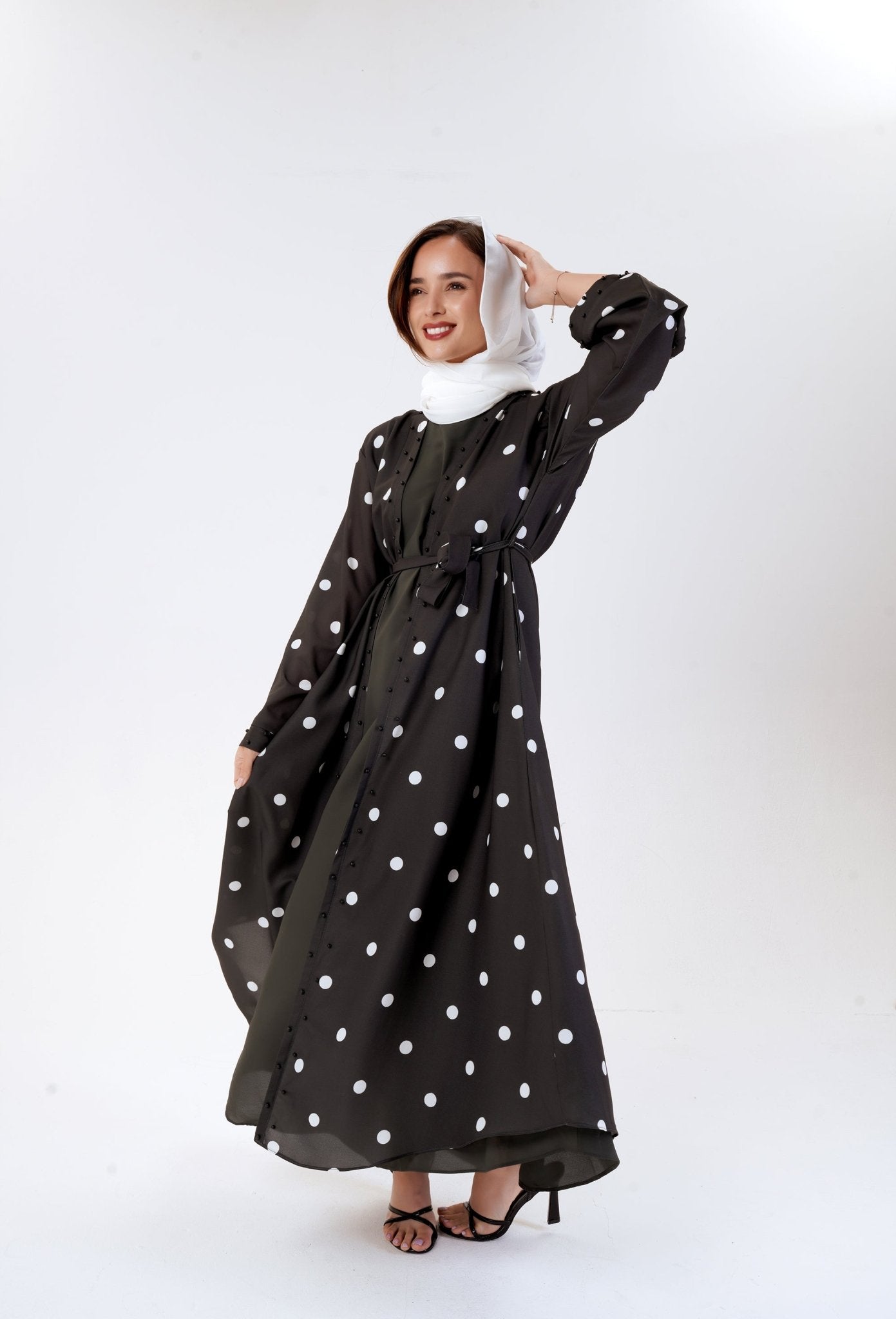 Polka pop abaya - Printed outfit for casual outings - Modest wear by MODMOD UK.
