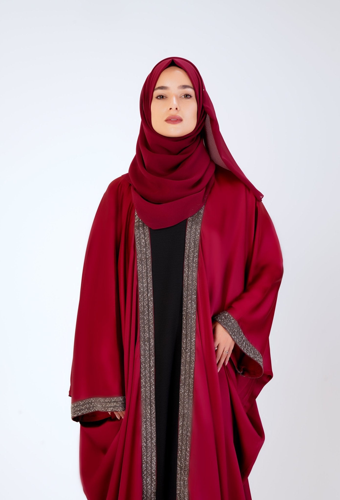 Radiant rouge abaya -in a beautiful flowy satin fabric with hijab and black slip- festive abaya - modest fashion by MODMOD UK