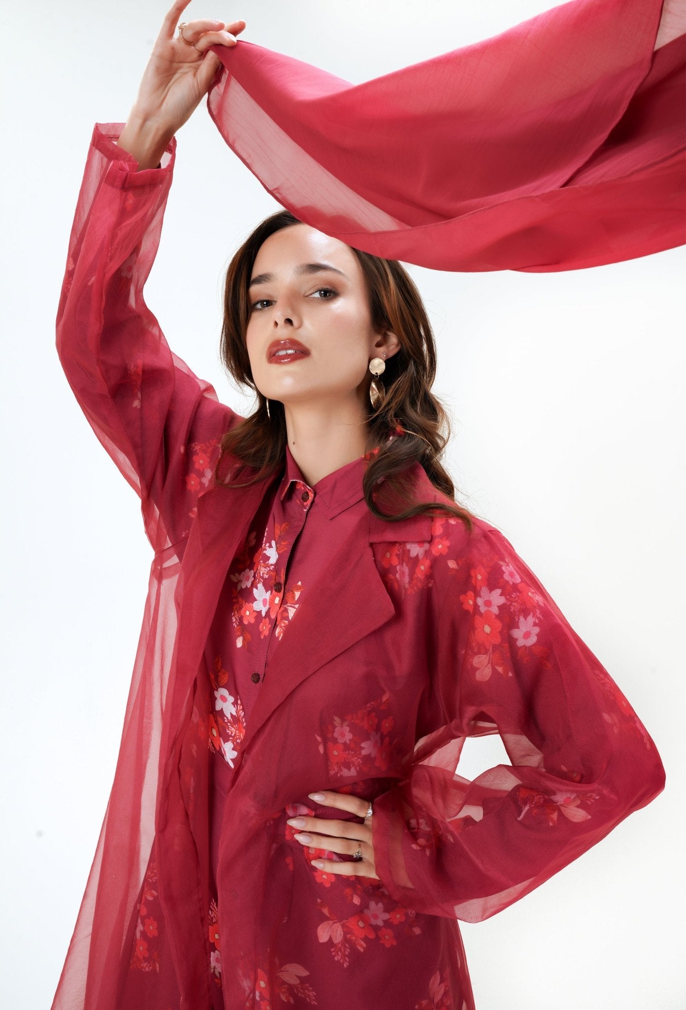 Radiant Rouge Dress- In a beautiful ruby color - three piece modest dress with organza jacket- MODMOD UK