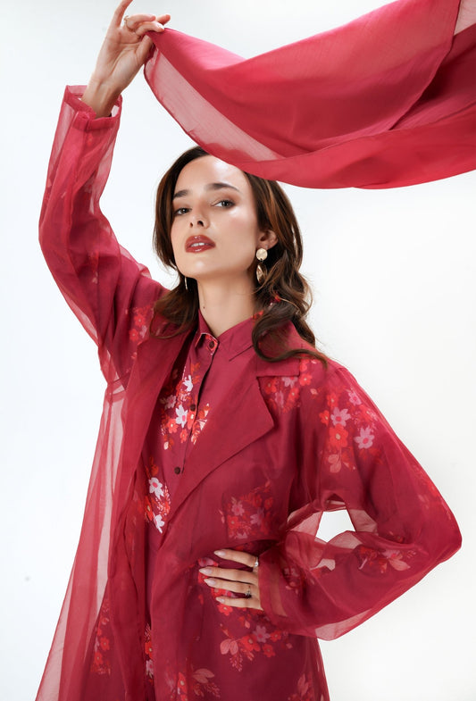 Radiant Rouge Dress- In a beautiful ruby color - three piece modest dress with organza jacket- MODMOD UK