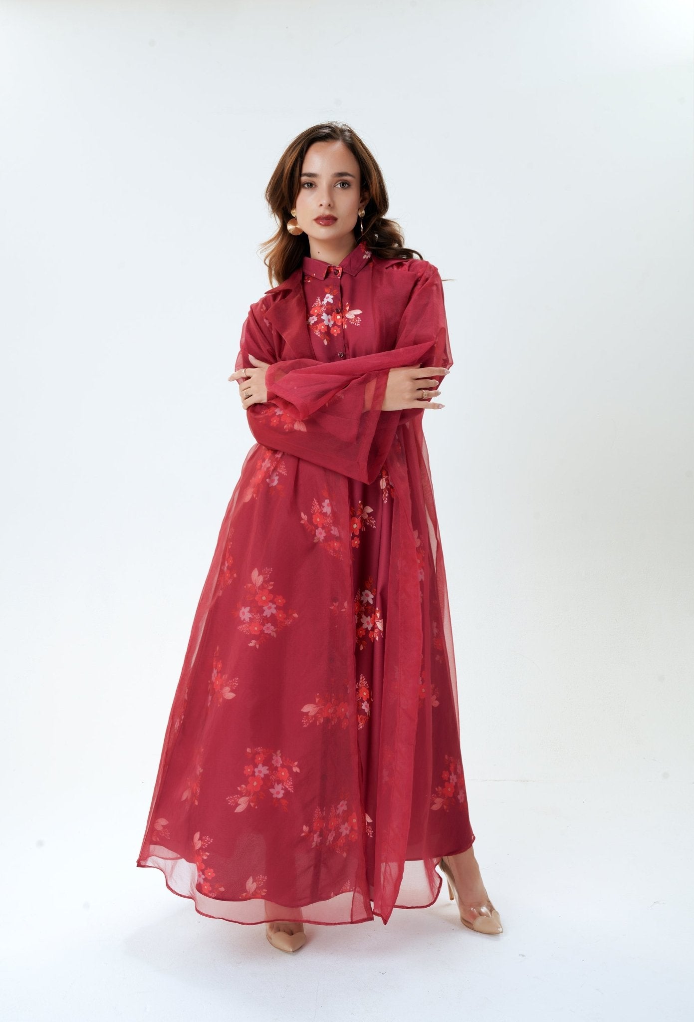 Radiant Rouge Dress- In a beautiful ruby color - three piece modest dress with organza jacket- MODMOD UK