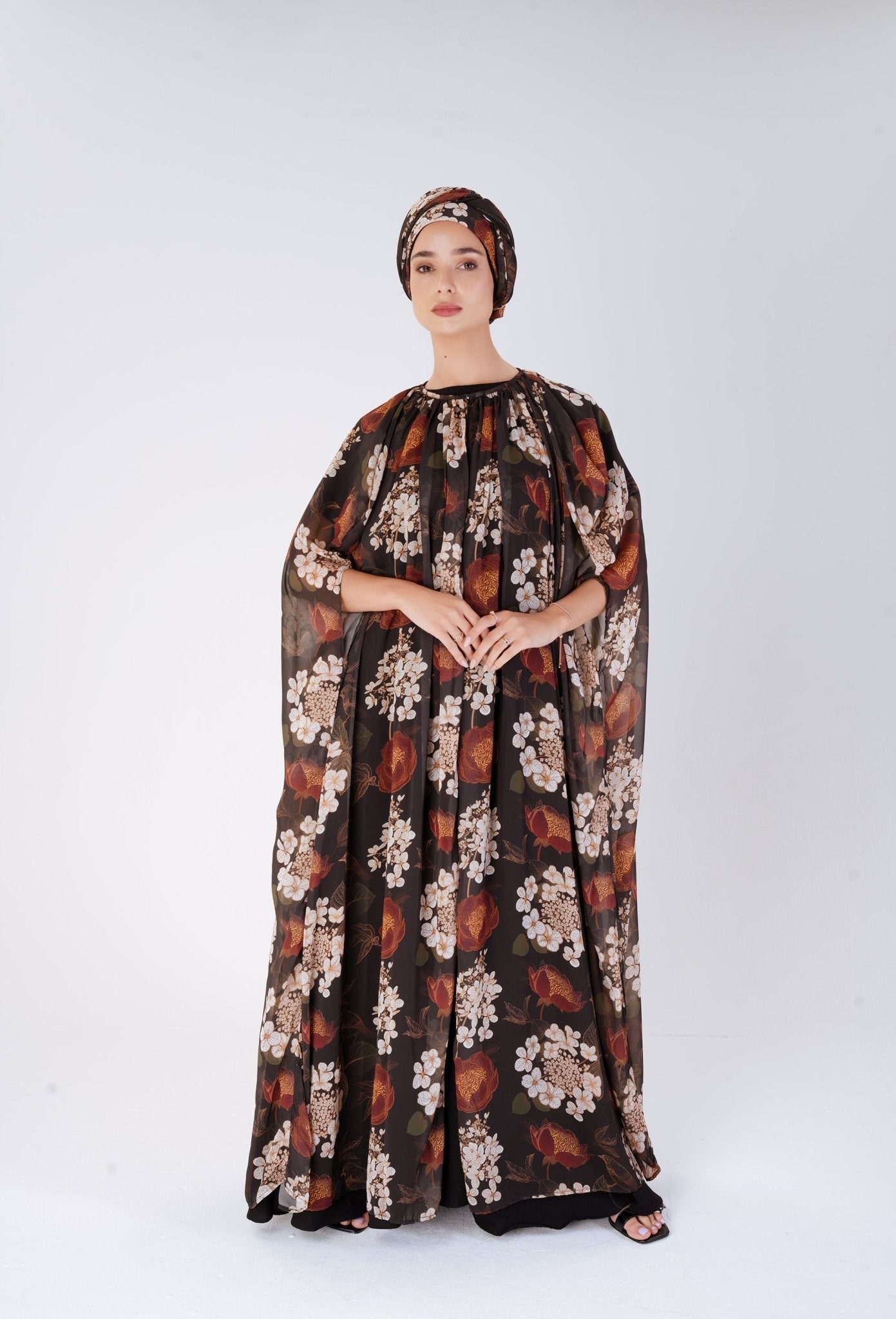 Floral Veil dress- Three piece beautiful modest dress for perfect evenings and dinners- floral print - Modest wear by MODMOD UK. 