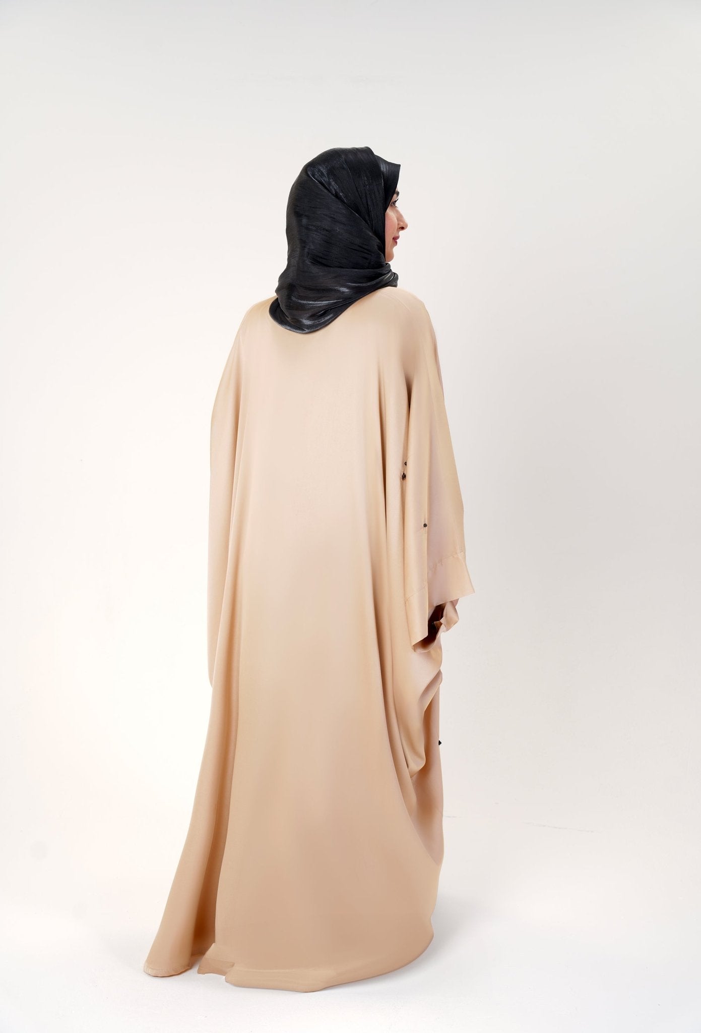 golden gleam abaya -  in a beautiful flowy satin fabric with shimmer slip and hijab- modest fashion by MODMOD UK 