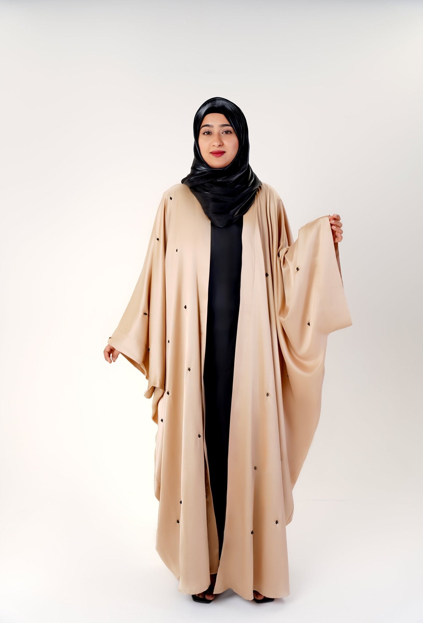 golden gleam abaya -  in a beautiful flowy satin fabric with shimmer slip and hijab- modest fashion by MODMOD UK 