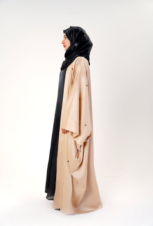golden gleam abaya -  in a beautiful flowy satin fabric with shimmer slip and hijab- modest fashion by MODMOD UK 