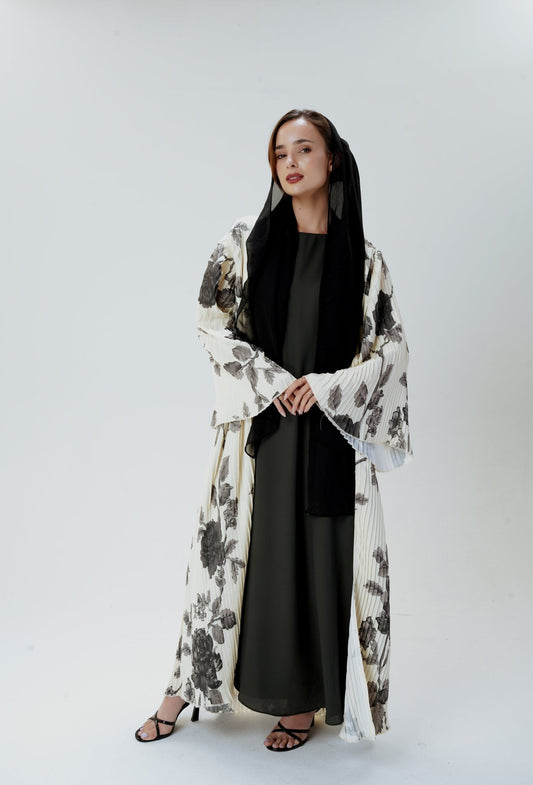 Ivory Noir Abaya- Two piece abaya in pleated fabric with floral print- Modest wear by MODMOD UK 