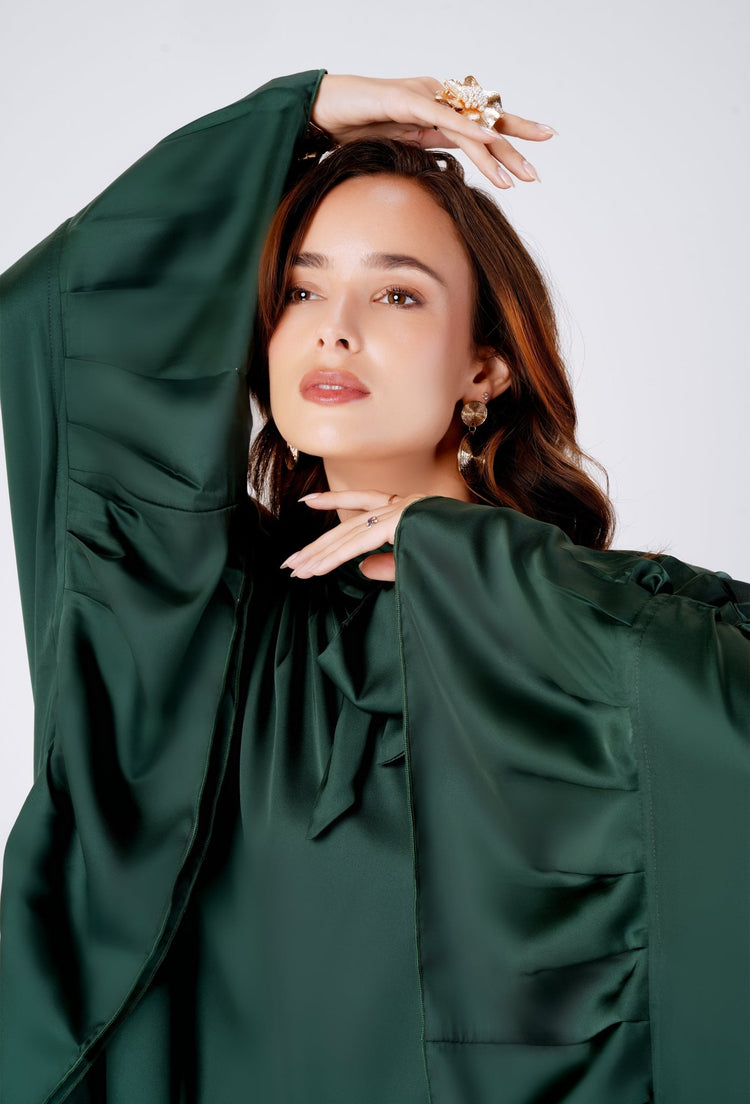 Ruffle bow kaftan in a beautiful flowy satin fabric with a statement bow- modest fashion by MODMOD UK 