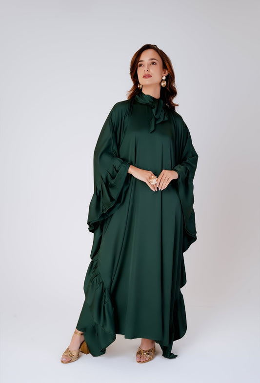 Ruffle bow kaftan in a beautiful flowy satin fabric with a statement bow- modest fashion by MODMOD UK 